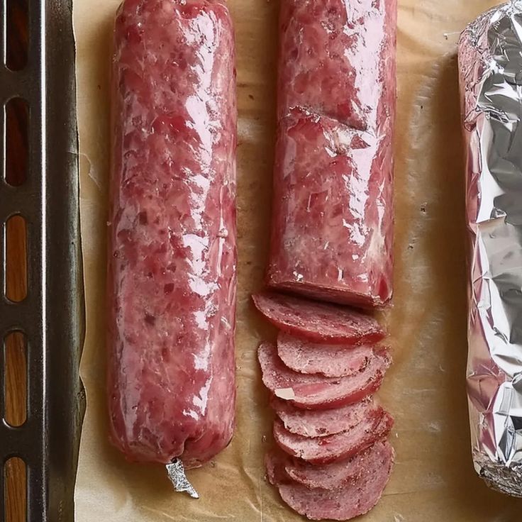 two sausages and some tin foil on a table