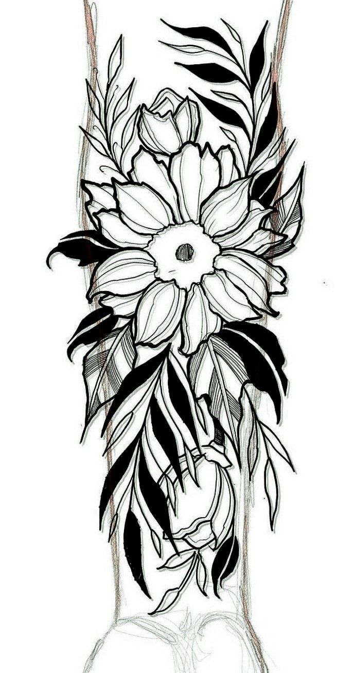 a drawing of flowers in a vase with leaves on the top and bottom half of it