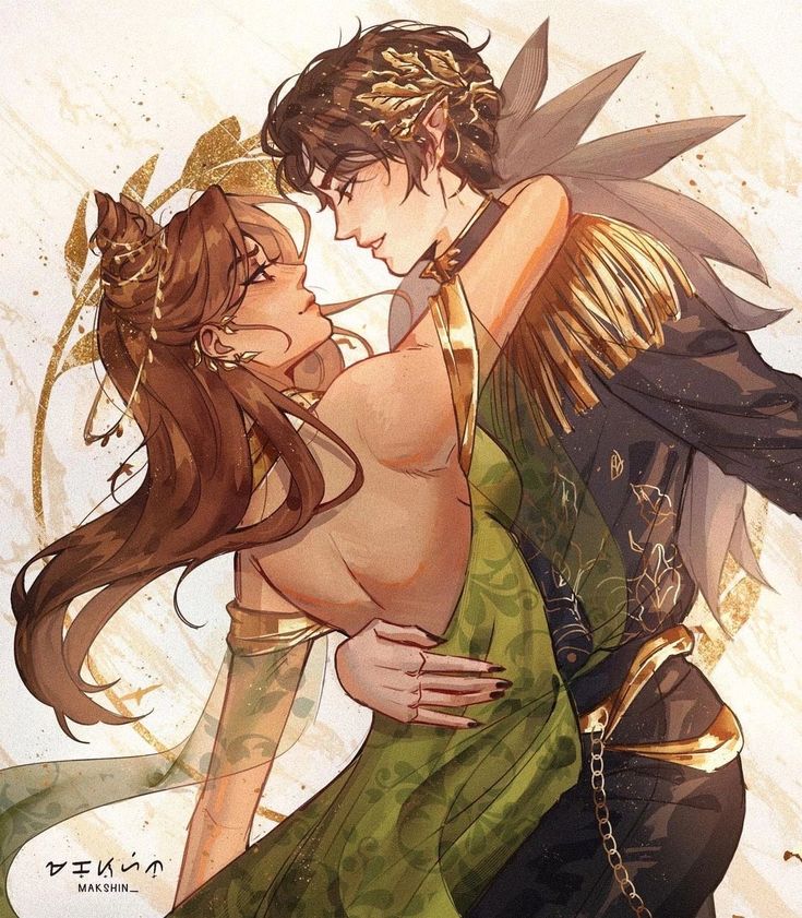 two people are hugging each other with wings on their shoulders, and one is wearing a green dress