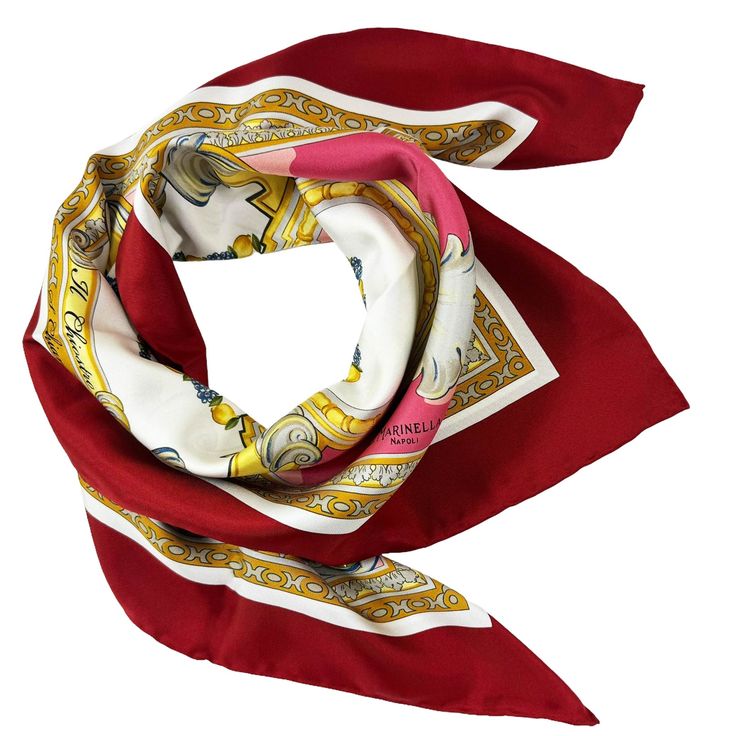 E. Marinella Scarves | Square Scarves E. Marinella Women collection luxury scarves - Genuine E. Marinella scarf, elegant "Il Chiostro " (Monastry) design, maroon/ dust pink, hand stitched border, twill silk foulard, hand made in Italy. Authentic E. Marinella women collection. Colors: Maroon/ Dust Pink Size: Large Square Scarf: 36" x 36" - 90cm x 90cm Origin: Made in Italy Fabrics: 100% Twill Silk Brand: E. Marinella Napoli Original Marinella Gift Box (Flat) Upon Request Genuine/ Authentic Product Code: mari-sc240577 This silk, scarf is a reinterpretation of the cloister of Santa Chiara, one of the historical monuments symbolizing Naples, makes the Marinella scarf a timeless and always elegant accessory, hand-finished. Multicolor Luxury Silk Scarf For Formal Occasions, Luxury Multicolor Silk Scarf For Formal Occasions, Luxury Multicolor Silk Scarf For Formal Events, Classic Red Silk Scarves, Luxury Red Scarves, Luxury White Silk Scarves, Designer Silk Scarves For Formal Occasions, Luxury Silk Scarves For Formal Occasions, Luxury Silk Mark Certified Silk Scarf For Formal Events