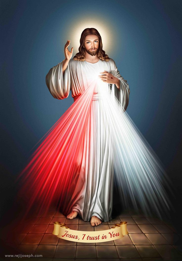 jesus, i trust at you with the light shining through his arms and hands in front of him