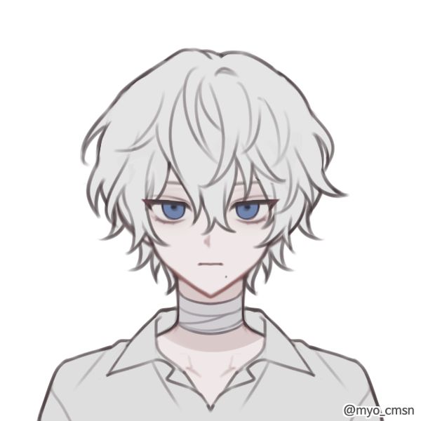 an anime character with white hair and blue eyes, wearing a collared shirt in front of