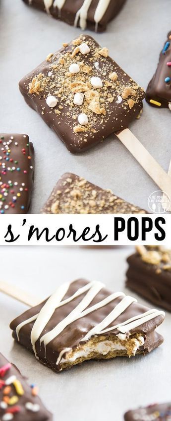 chocolate covered marshmallow pops with white frosting and sprinkles on them