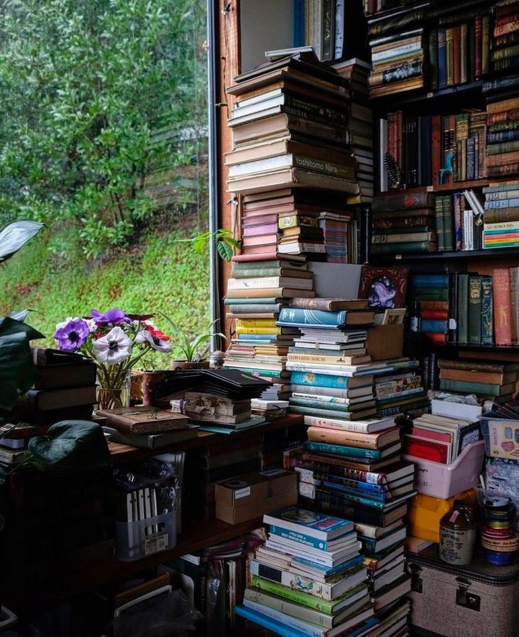 a room filled with lots of books next to a window covered in plants and flowers