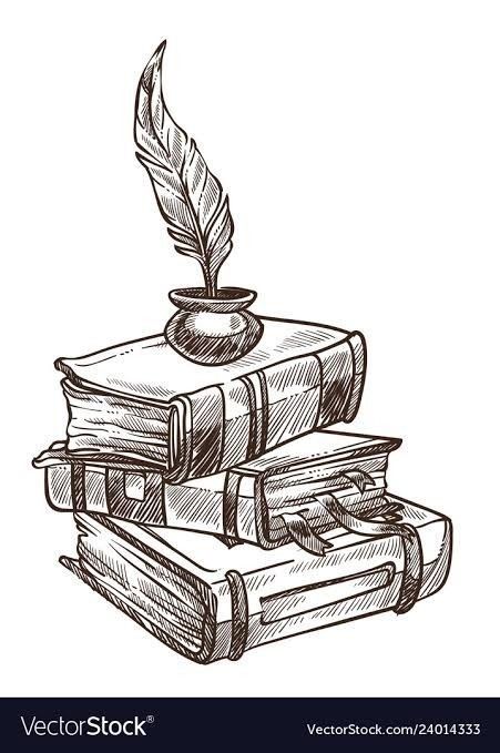 stack of books with a feather quill on top hand drawn illustration in black and white