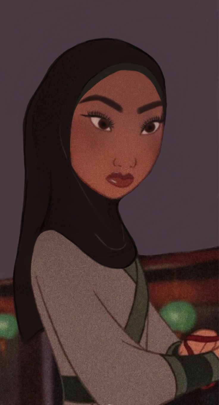 an animated image of a woman with dark hair and hijab, sitting at a table