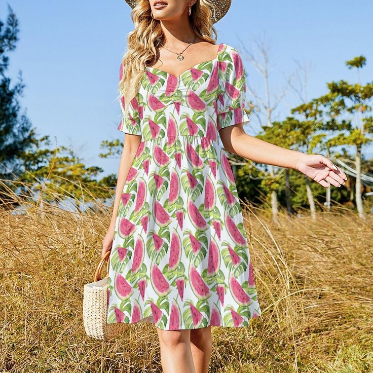 Free shipping worldwide (please note expected delivery date. No express shipping available) White watermelon print dress Sweetheart neckline. Short puff sleeves. Back zipper 100% polyester Soft, comfortable to the touch, light weight, simple and practical Hand washable and machine washable, do not soak for a long time, do not bleach, wash temperature should not exceed 45ºC. Note: Due to different measurement methods, errors within 1-2cm(~0.8inches) is considered normal. The pictures are for refe Watermelon Dress, Puff Sleeves Dress, Dress With Sweetheart Neckline, Watermelon Print, Sleeves Dress, Knee Length Skirt, Dress Clothes For Women, Puff Sleeves, Sweetheart Neckline