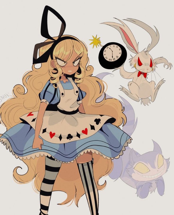 a drawing of a girl with long blonde hair and rabbit ears in front of an alarm clock