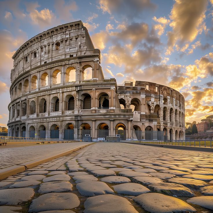 the colossion in rome during sunset with cobblestones on the ground and cloudy sky