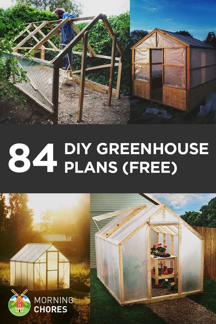 four different greenhouses with the words,'84 diy greenhouse plans free '