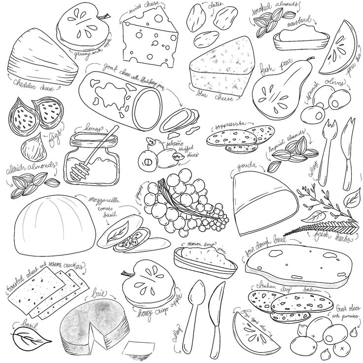 a black and white drawing of different types of food