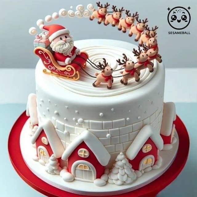 a santa clause sleigh on top of a white cake with red trimmings