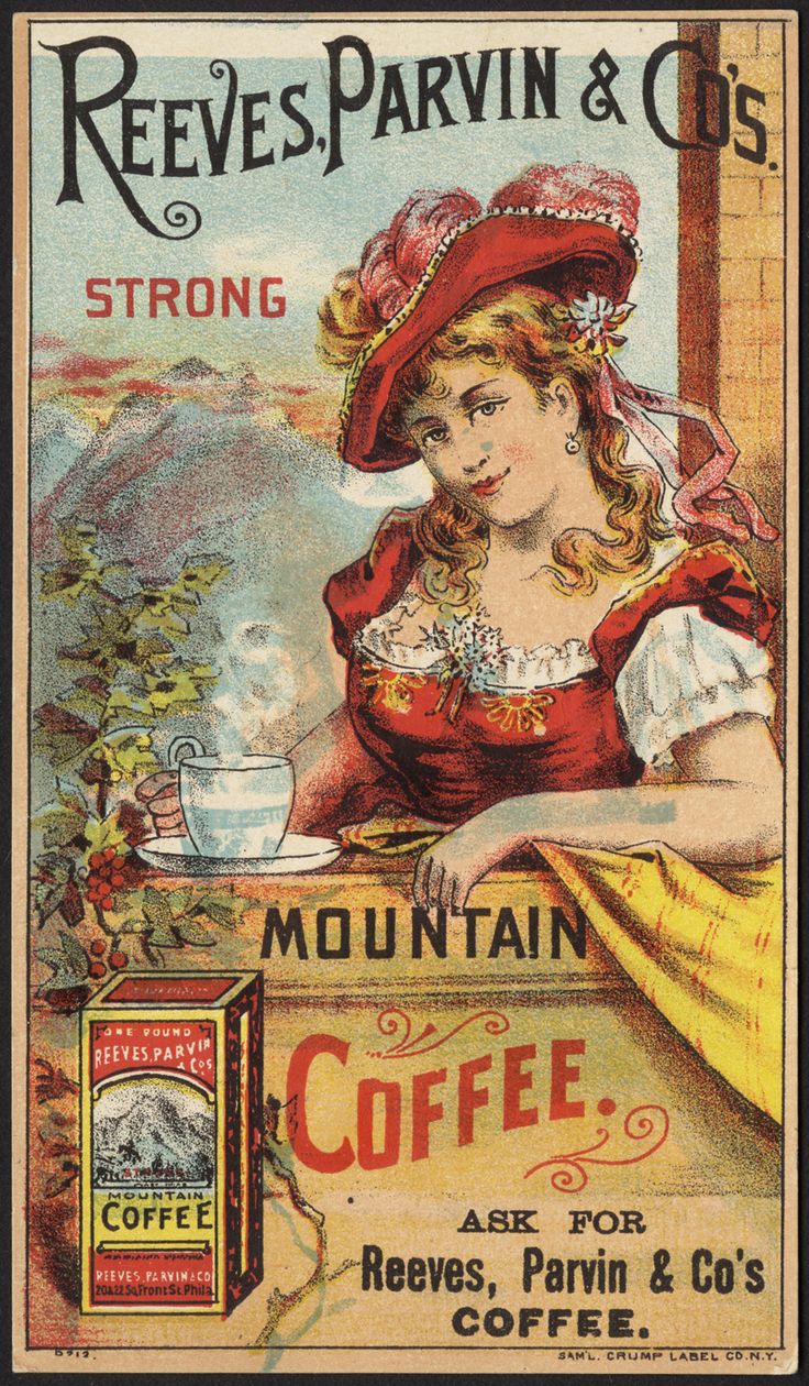 an old advertisement for coffee with a woman in red