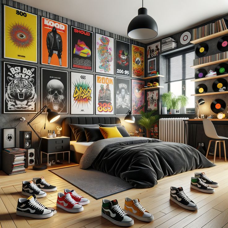 a bedroom with posters on the wall and shoes on the floor