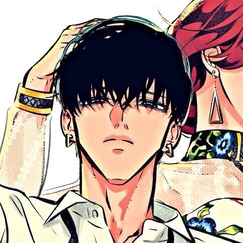 an anime character with short black hair and piercings on his ears is looking at the camera