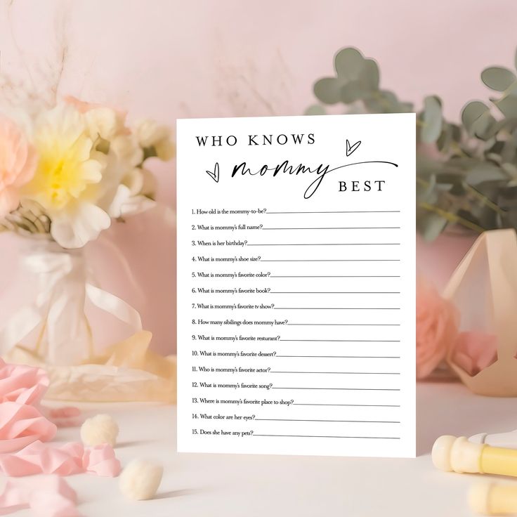 a card that says, who knows the morning best? next to some pink flowers