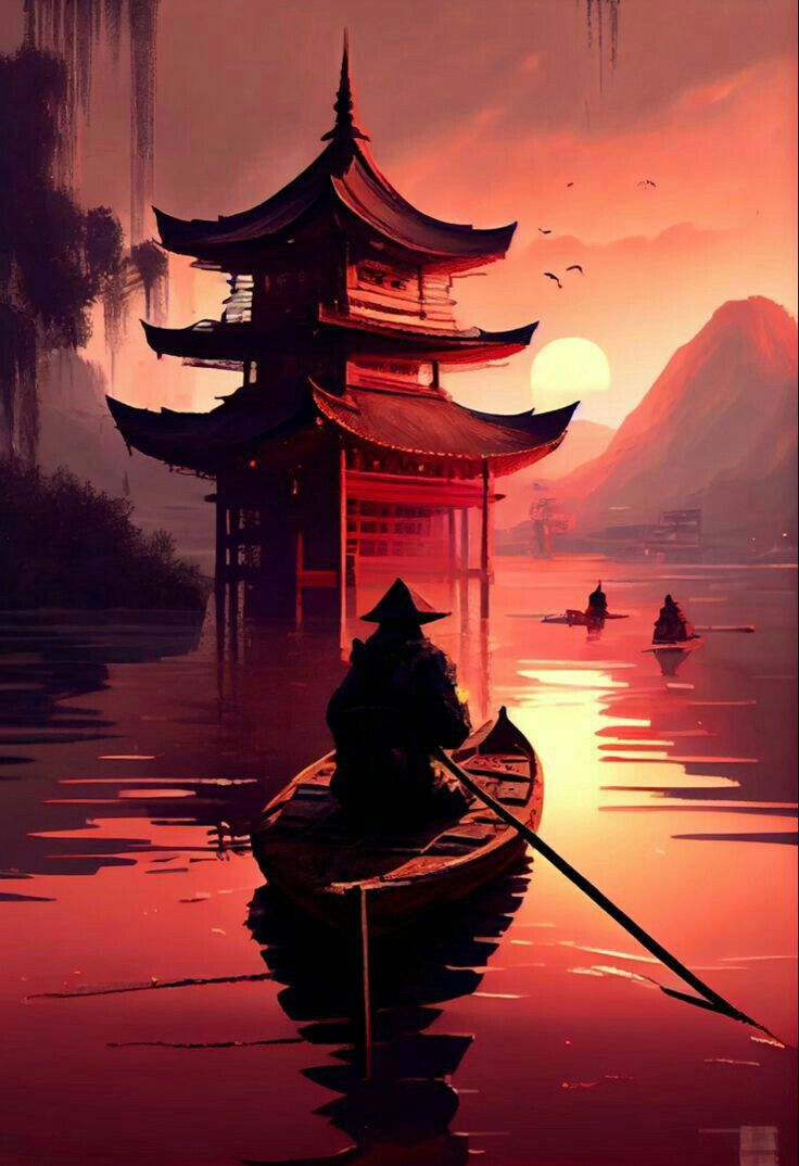 a boat floating on top of a body of water under a red sky filled with clouds