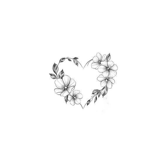 the outline of a heart with flowers on it is shown in black and white ink