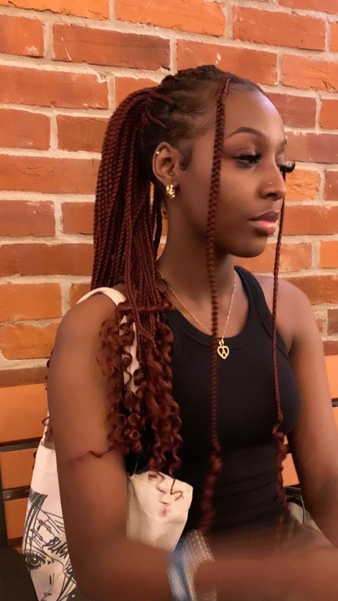 Brown Red Knotless Braids, Color 350 Goddess Box Braids, Marron Knotless Braids, Brown Red Box Braids, Goddess Braids With Color Red, Knotless Box Braids 350 Color, Coloured Box Braids Black Women, Knotless Braid Inspiration, Brown Knotless With Curls