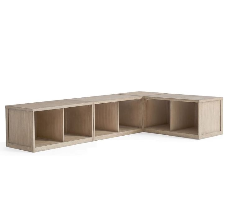 a wooden shelf with four compartments on each side