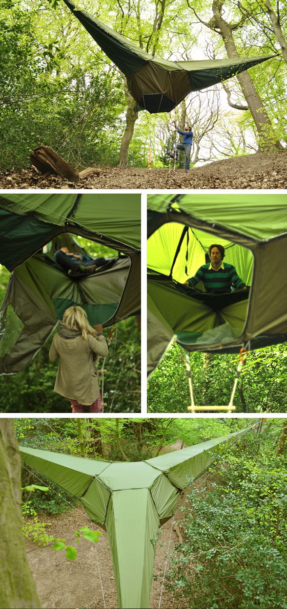 several pictures of people camping in the woods with tents and hammocks hanging from trees