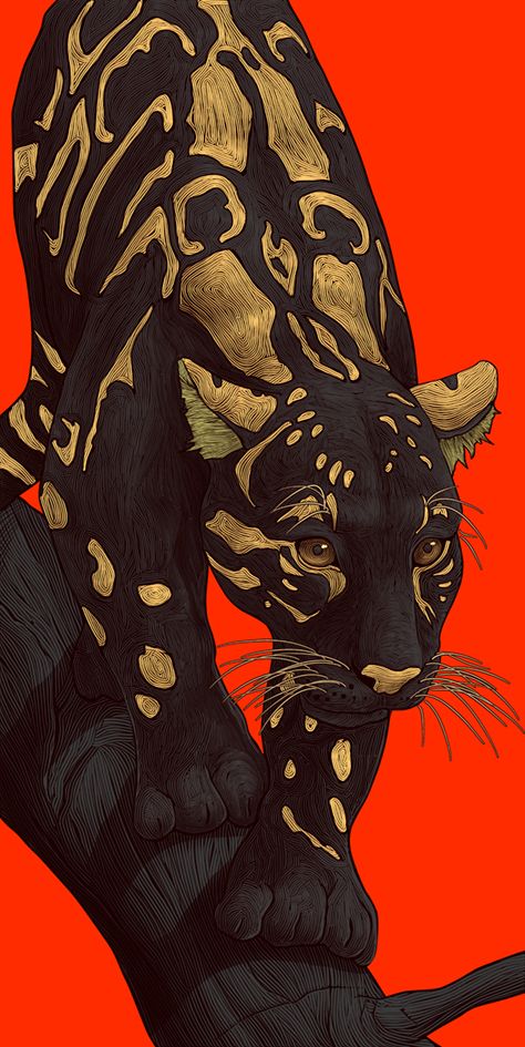 a black and gold leopard on an orange background