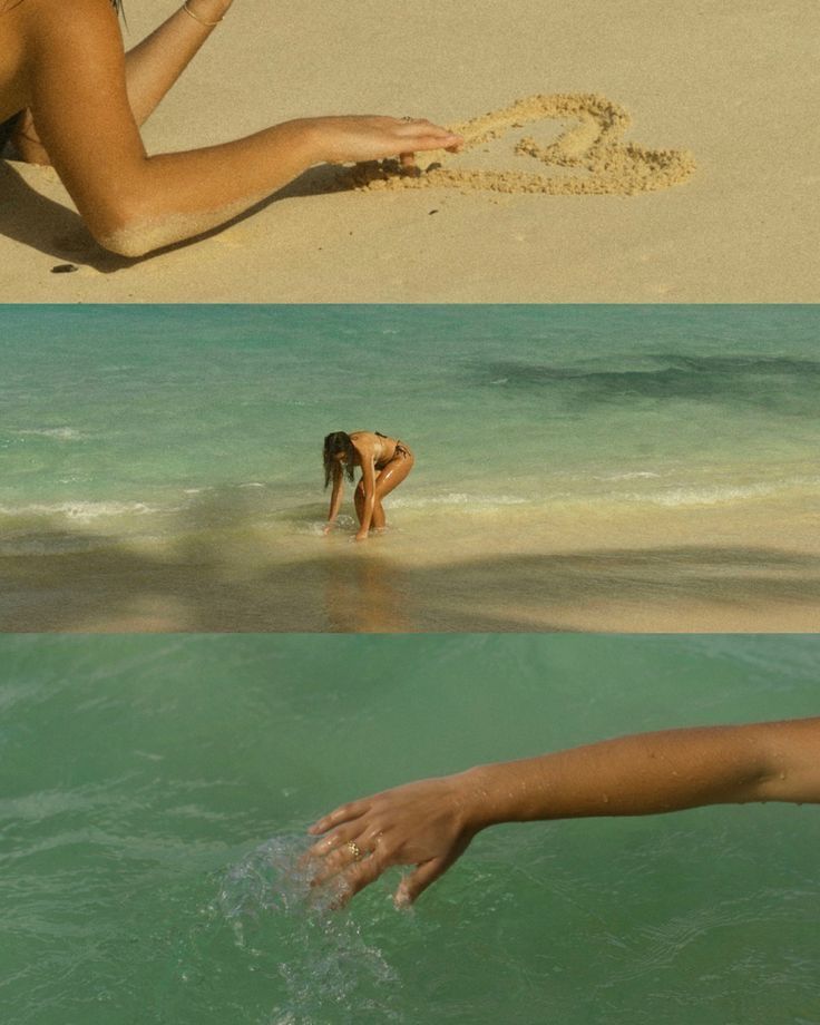 two pictures one showing a woman in the water and another with her hand out to someone on the beach