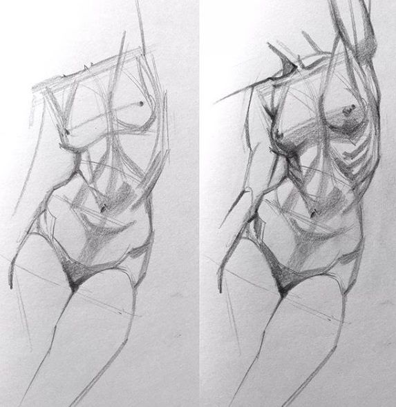 two drawings of the same woman's torso