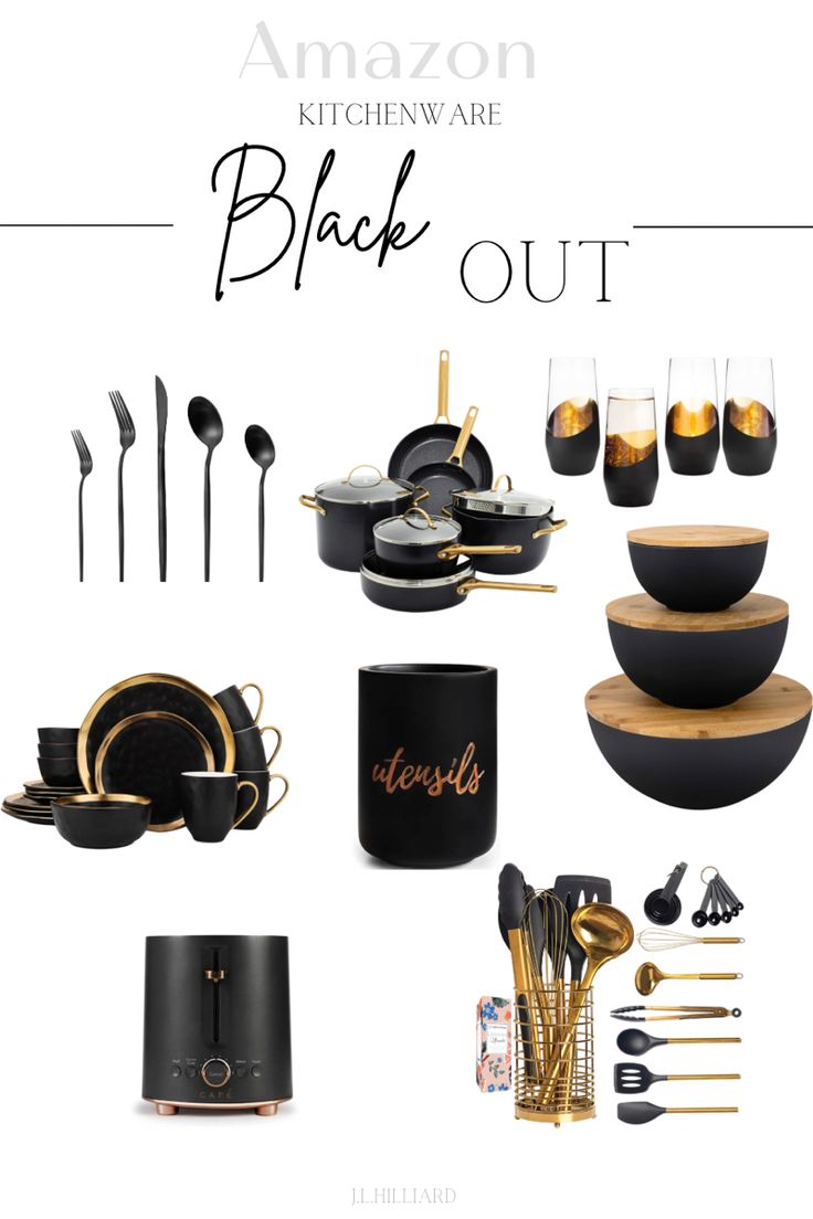 black and gold kitchenware is featured in this ad