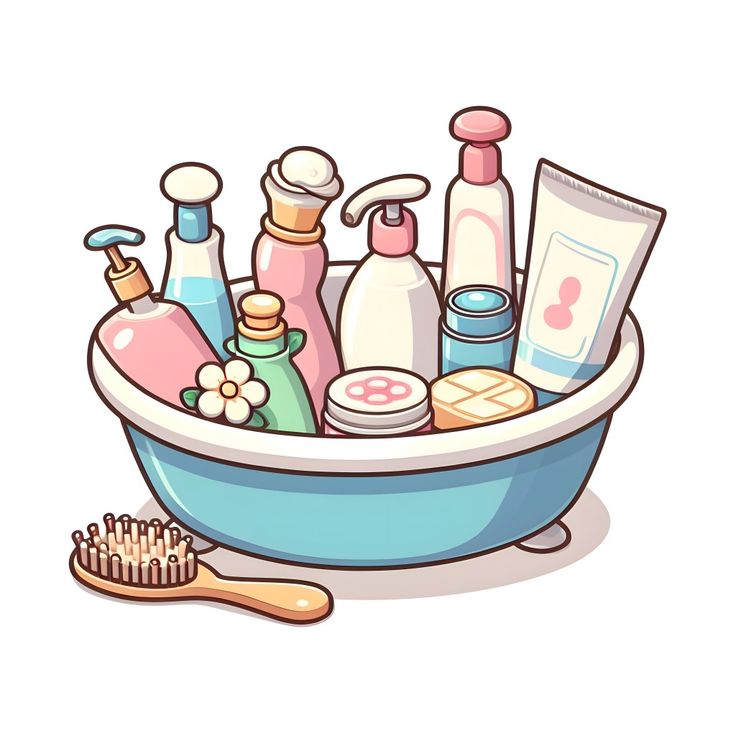 a bathtub filled with personal care items and a toothbrush next to it on a white background