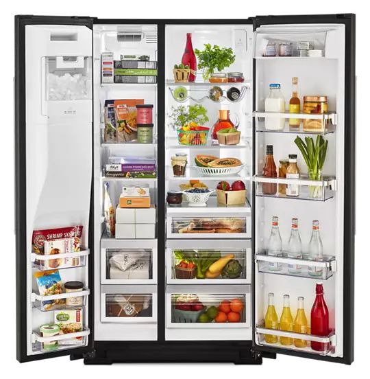 an open refrigerator filled with lots of different types of food and drinks on it's doors