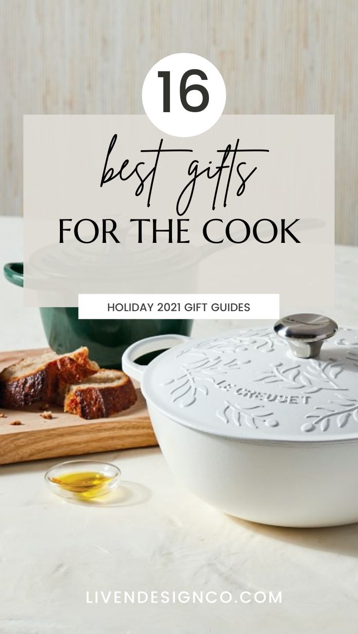 a white casserole dish with the words best gifts for the cook on it