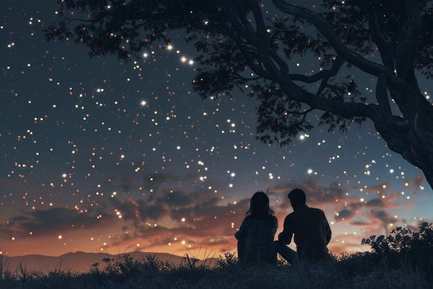 two people sitting under a tree watching the stars