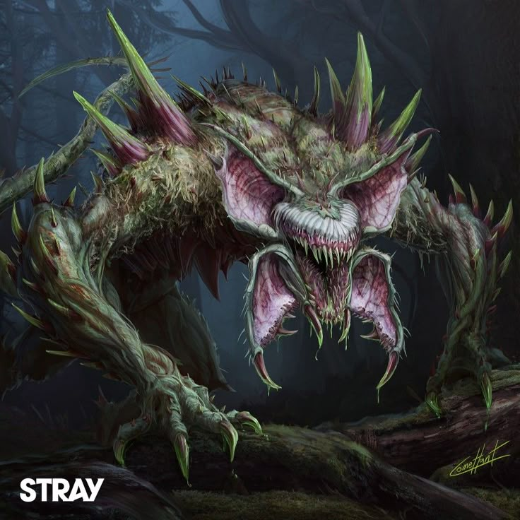 an image of a creature with sharp teeth in the dark forest by stray