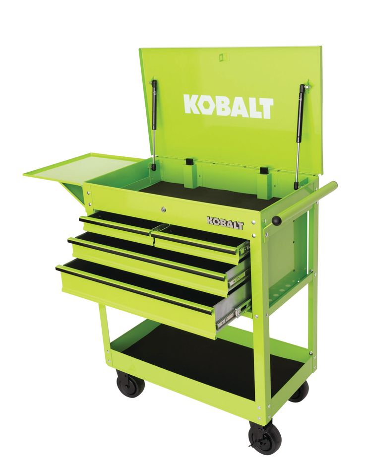 the kobalt tool cabinet is green and has four drawers on each side with wheels