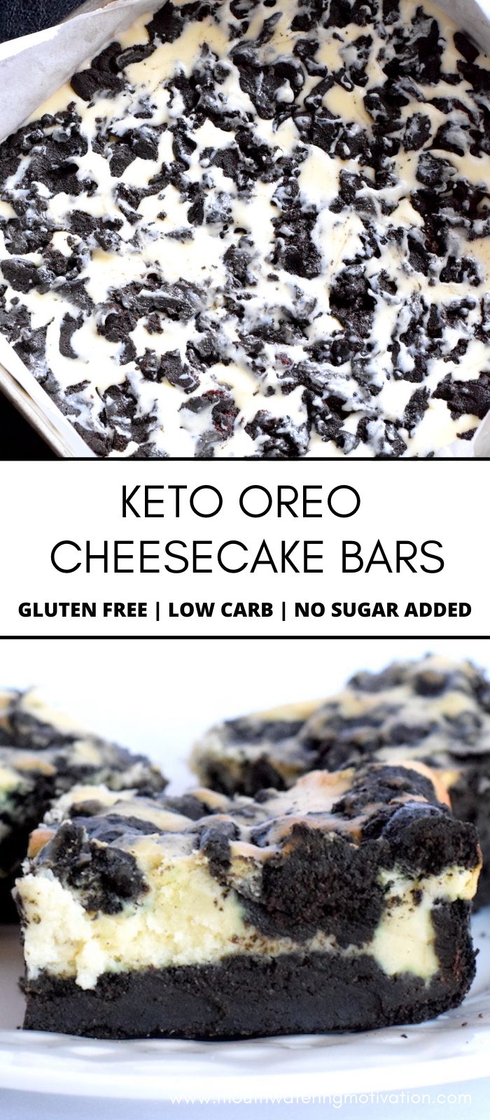 Keto Oreo Cheesecake Bars. Delicious cheesecake with low carb oreo crust and and topping! These cookies and cream bars are super fun looking and a great way to get your kids interested in a healthy treat! #ketooreocheesecake #ketocheesecakebars #ketocheesecake #ketooreos #ketocookiesandcream Oreo Cheesecake Bars, Cheesecake Bar, Low Carb Low Fat Recipes, Keto Lasagna, Breakfast Low Carb, Postre Keto, Keto Dessert Easy, Low Carb Sweets, Keto Cheesecake