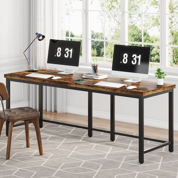 a wooden desk with two black numbers on it and a chair in front of it