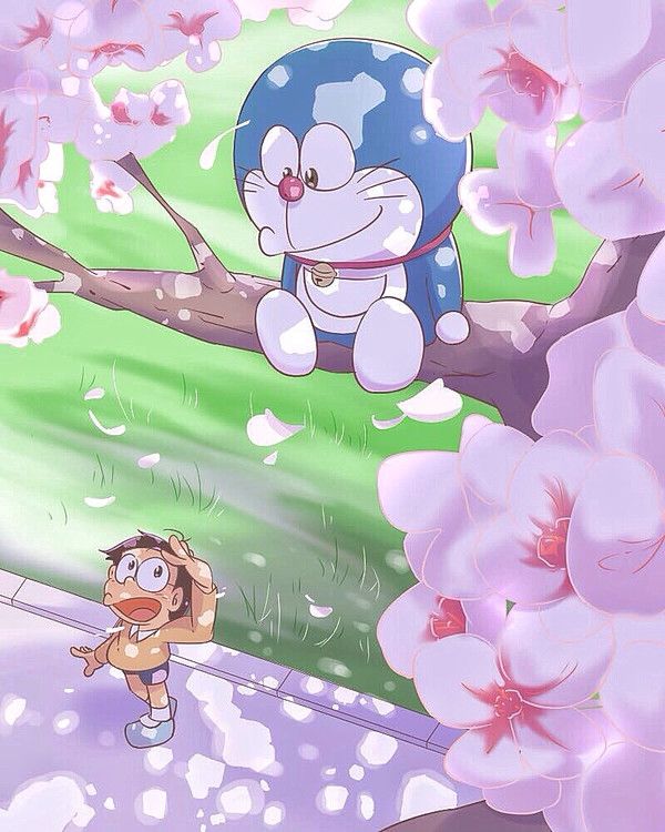 a cartoon character standing next to a tree with pink flowers in the foreground and another character on the other side