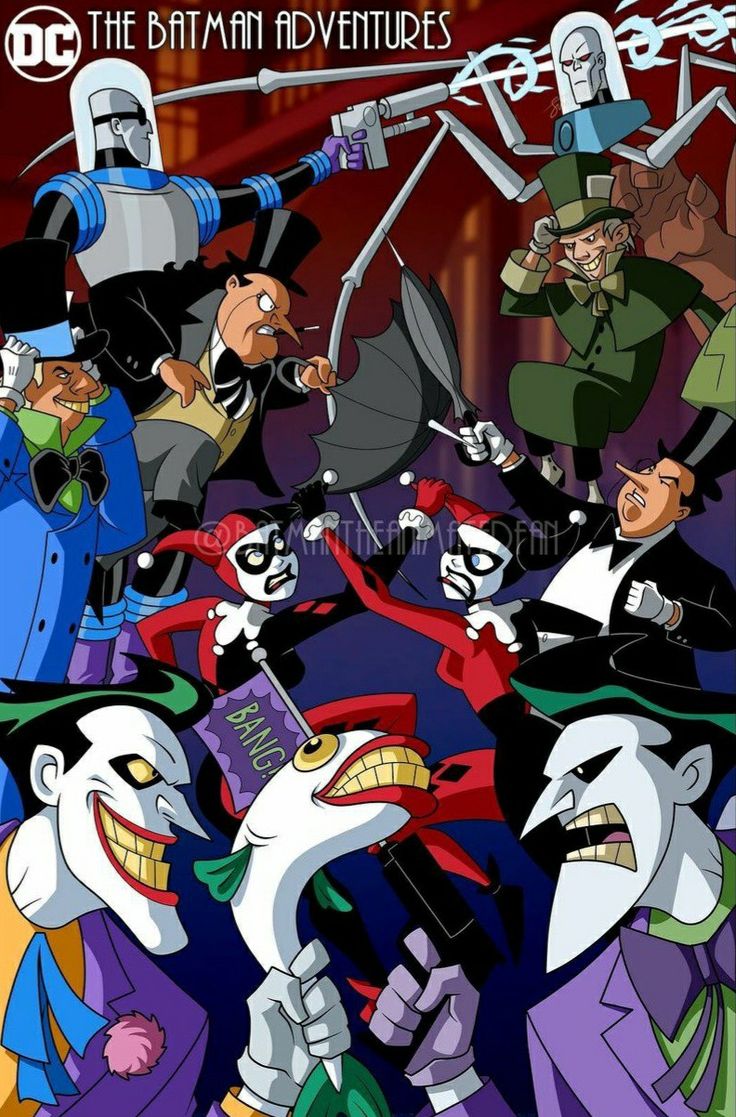 the batman adventures movie poster with jokers and other animated characters in costume, including two men