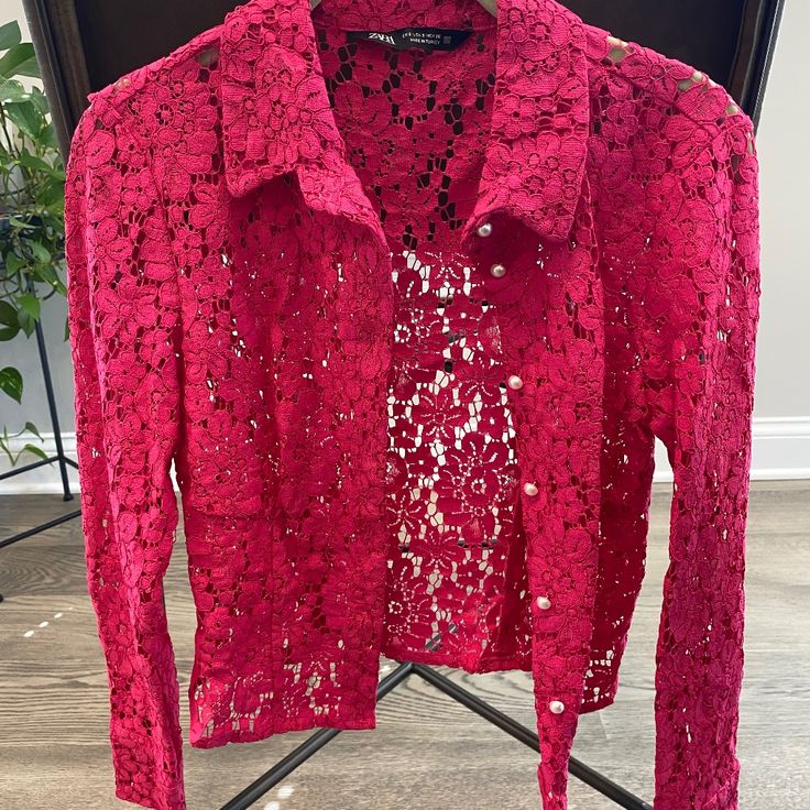 Hot Pink Lace Button Up Blouse From Zara. Pearl Covered Buttons. No Tags But Never Worn. Size Small But Fits More Like Xs. Lace Button, Button Up Blouse, Pink Lace, Zara Tops, Covered Buttons, Hot Pink, Button Up, Top Blouse, Blouses