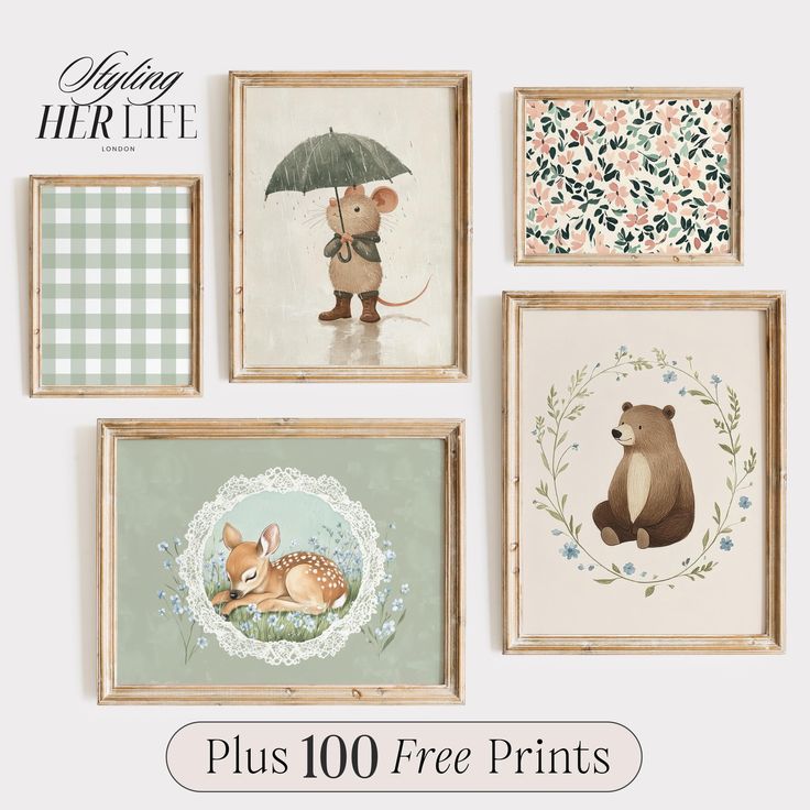 four framed pictures with animals and flowers on them, one has an umbrella over the other