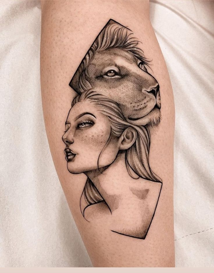 a woman with a lion's head on her thigh is depicted in this tattoo