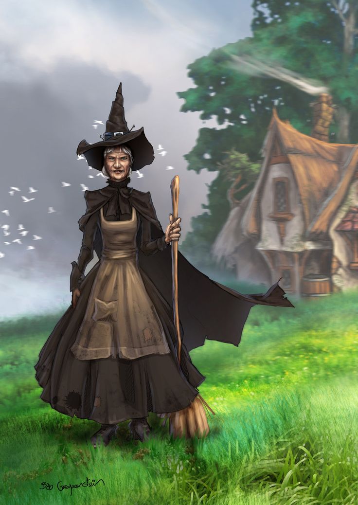 a painting of a woman dressed as a witch holding a broom and standing in the grass