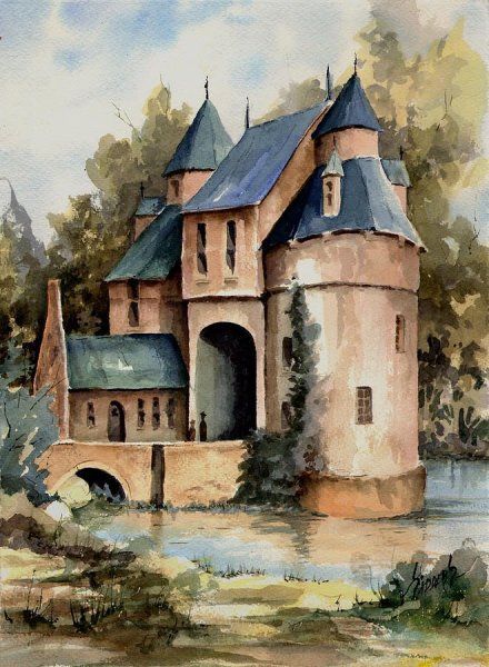 a watercolor painting of a castle in the woods