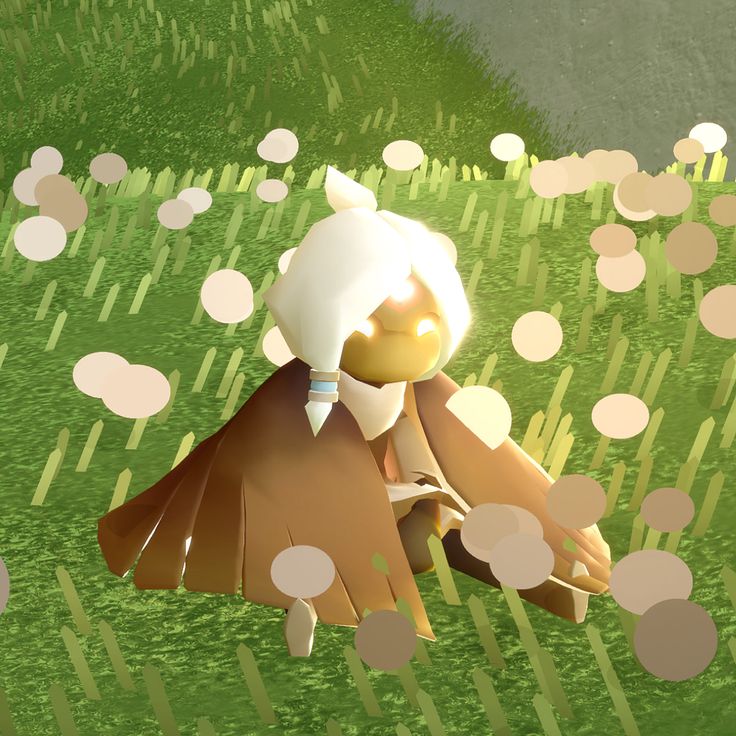 an animated image of a person sitting in the grass with circles around her and one hand on his knees