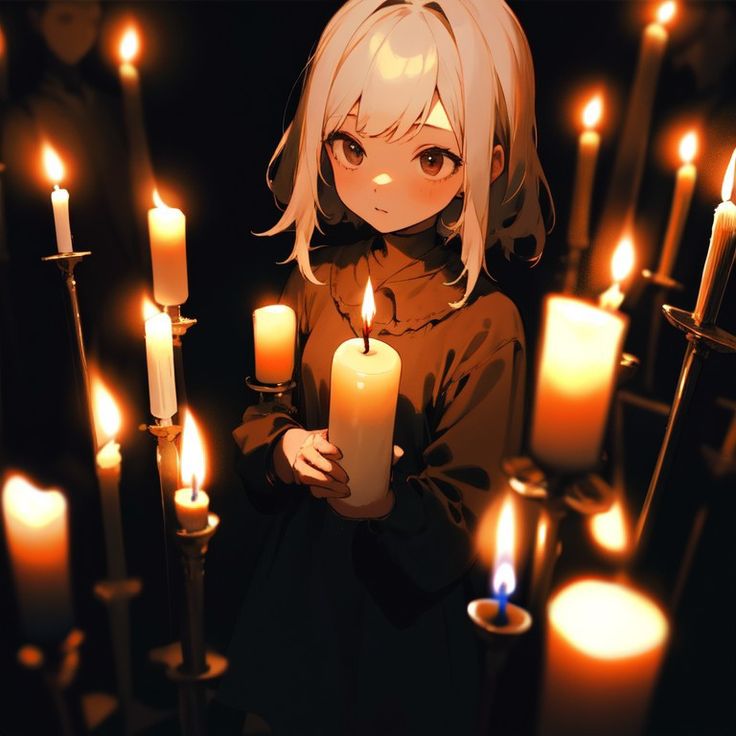 an anime character holding a candle surrounded by candles