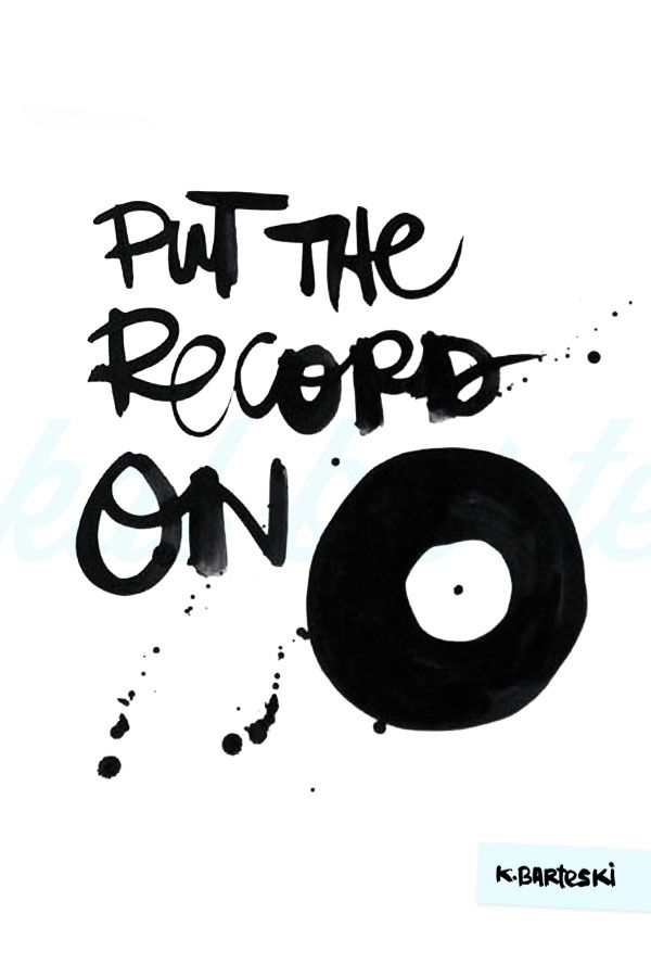 the words put the record on are painted in black and white with splatters