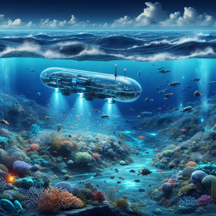 an underwater submarine floating in the ocean surrounded by corals and other marine life, under water