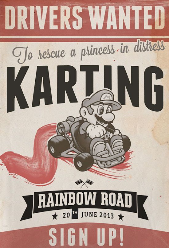 a sign advertising a karting race with a cartoon character on the front and side