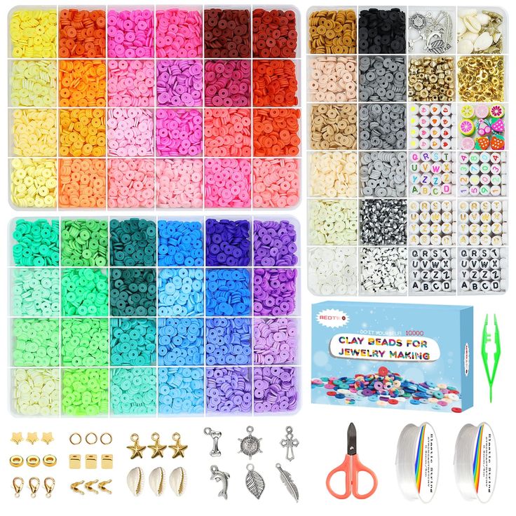 PRICES MAY VARY. PERFECT BRACELET MAKING KIT - all you need included, 3 boxes 9600pcs clay beads and 500pcs charms kit (include letter beads, colorful heart beads, colorful number beads, fruit beads, golden beads, spacer beads, charms, etc. more than 20 types of accessories) 2 rolls stretchy strings, 1 scissors, 1 tweezers. this complete, expansive jewelry making kit is filled with endless possibilities to be imaginative, to meet all your needs for bracelet & jewelry making PREMIUM QUALITY, SAFE Preppy Clay Beads, Clay Bead Kit, Preppy Beads, Clay Bead Set, Beads Fruit, Clay Beads Bracelet, Fruit Beads, Make Clay Beads, Friendship Bracelet Kit